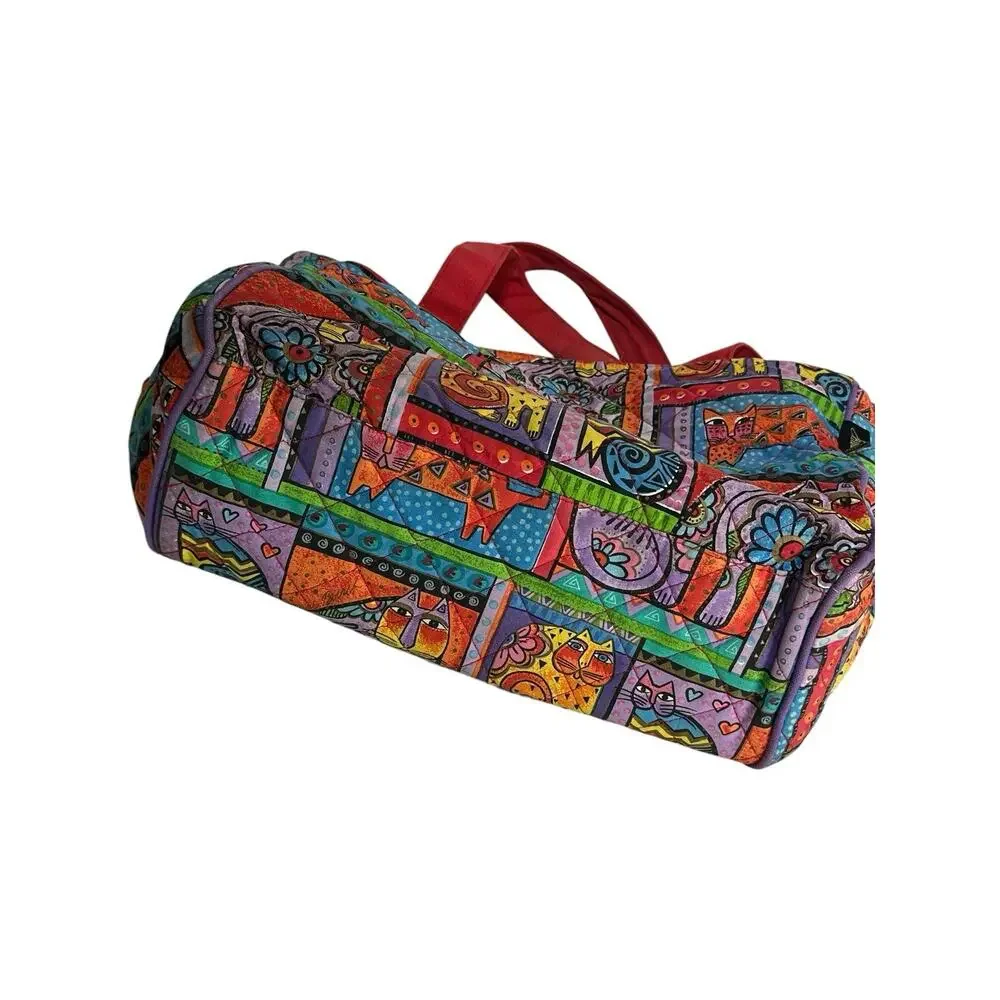 Laurel Burch Colorful Cat Print Quilted Shoulder Tote Bag Purse Whimsical Art